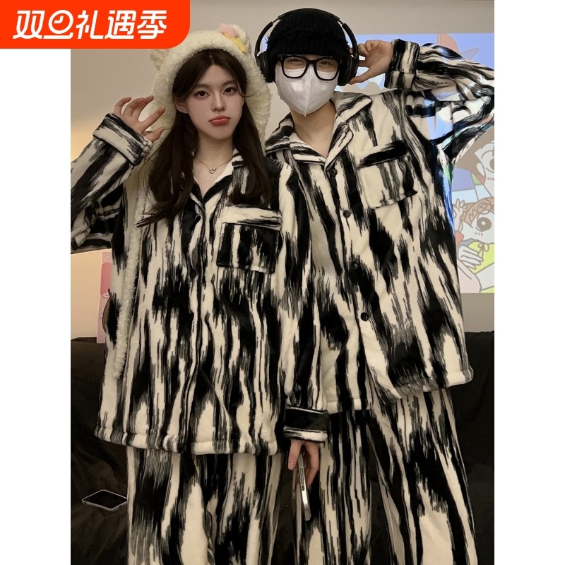 红豆新款情侣睡衣女秋冬季加厚加绒高级泼墨条纹法兰绒家居服两件