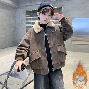 儿童装男童冬装加绒外套2026新款中大童秋冬款加厚羊羔绒冬季皮衣
