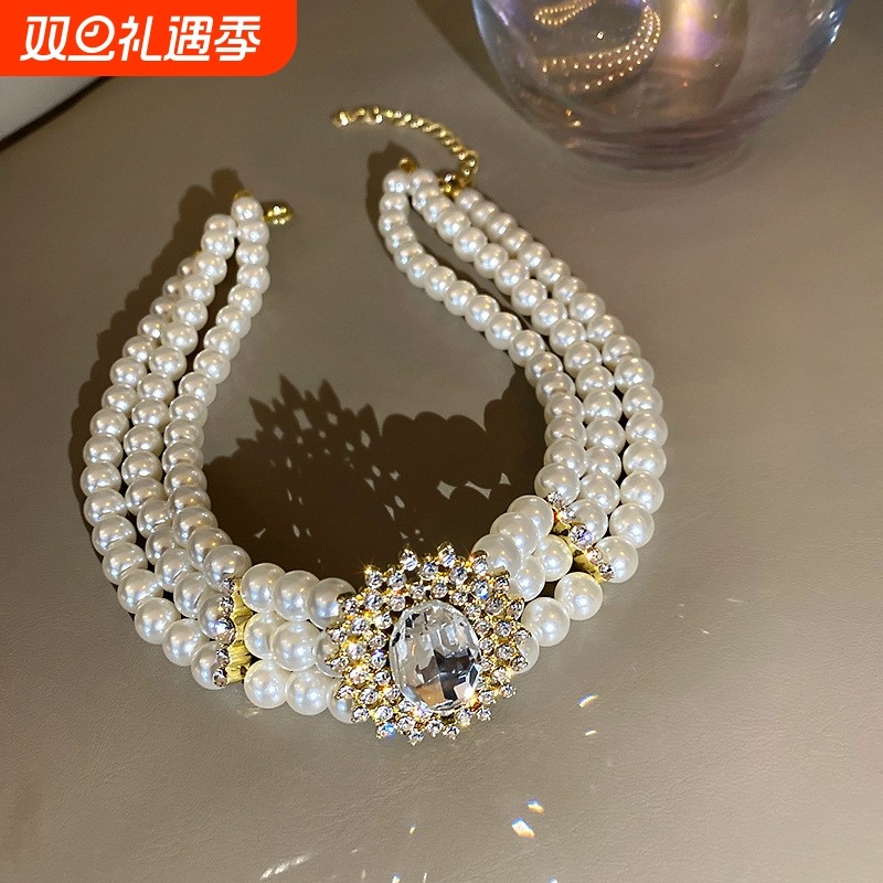 人造珍珠水晶款镶钻项链欧美夸张大气短款颈饰choker复古网红项