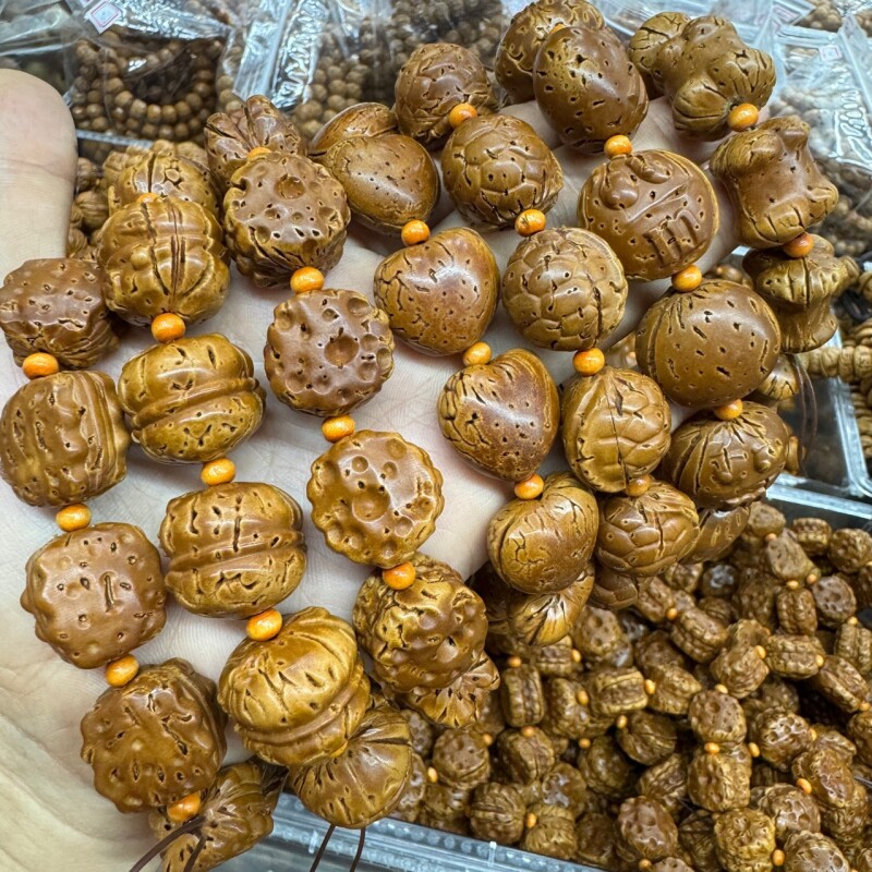 桃核雕刻猫头五角星招财猫蜜罐M豆饼干手串手持手链老油核文檀木