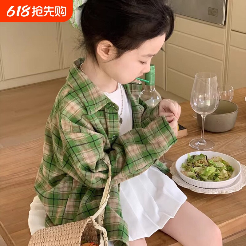 女童衬衫长袖春秋款2026新款洋气时髦上衣女孩休闲衬衣纯棉格子