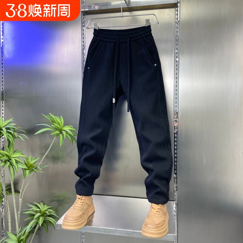2026春秋季新品欧棉绒斜纹直筒裤小脚裤松紧腰哈伦休闲裤子男防风