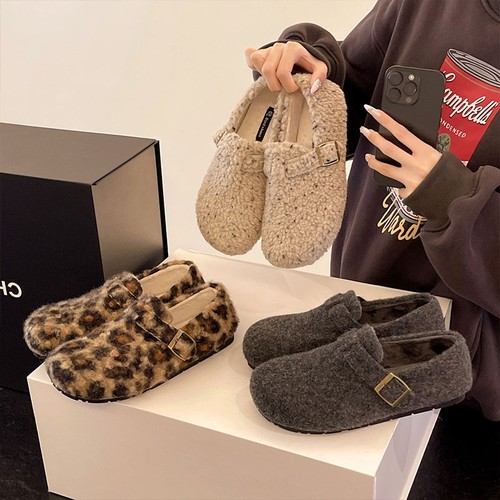 内增高豹纹勃肯鞋冬季新款加绒保暖一脚蹬乐福鞋厚底博肯棉鞋灰色