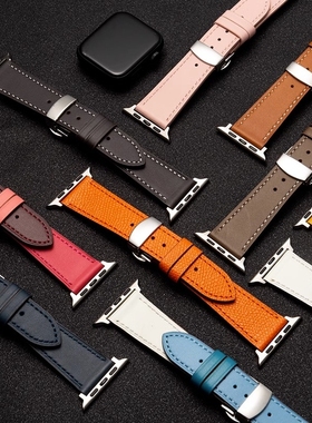 适用苹果iwatch华强北手表真皮表带ultra微穿戴乔帮主S89se针扣真皮表带