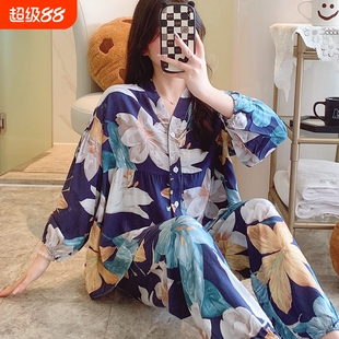 棉绸睡衣女长袖长裤人造棉春秋2024年开衫套装家居服格子贴身