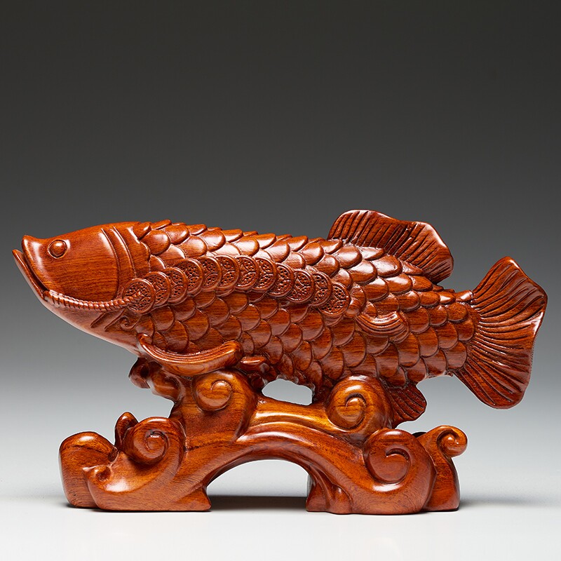 花梨木雕金龙鱼摆件客厅装饰电视柜酒柜摆设家居饰品店铺开业礼品