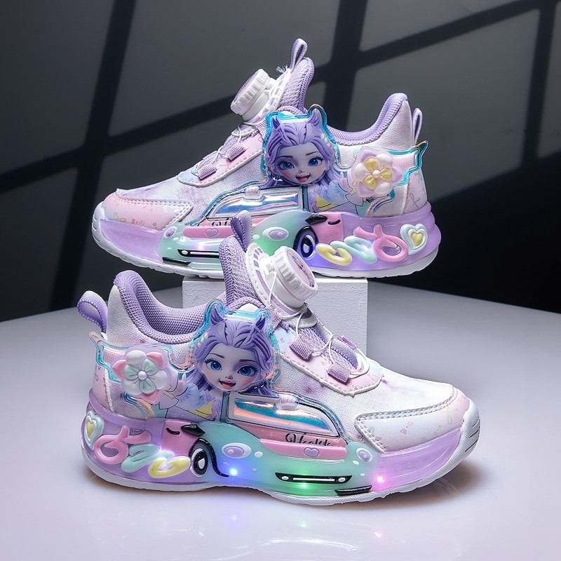 冬季公主发光皮面运动鞋带灯加绒女童新款鞋子秋季女宝宝儿童亮灯