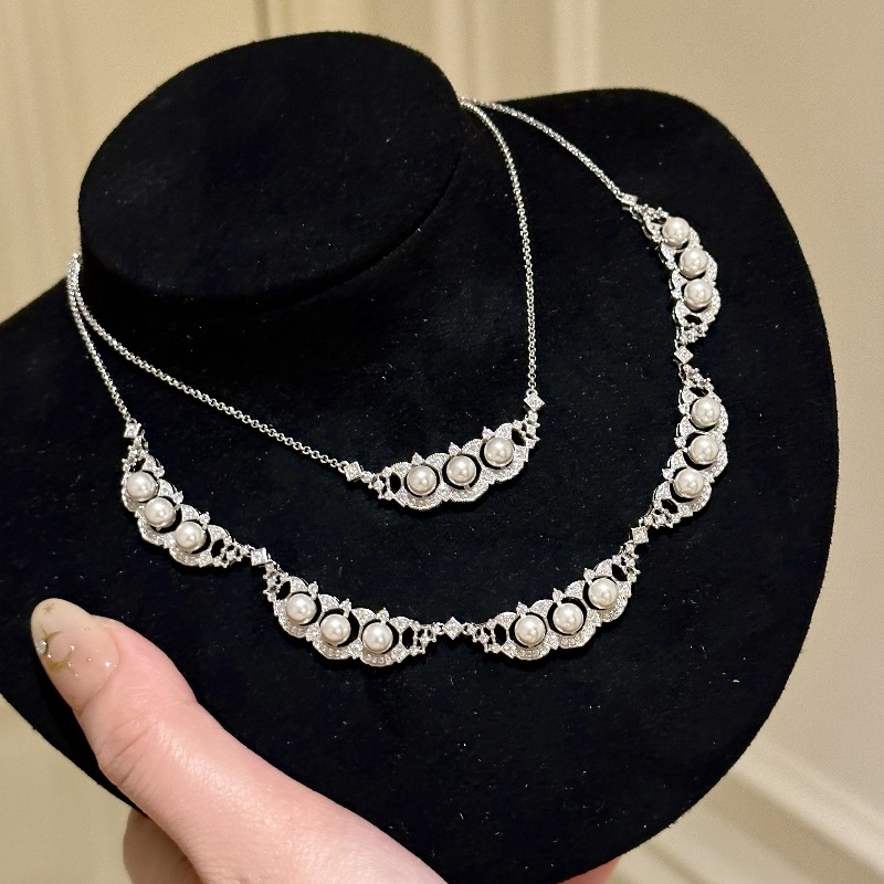 925法式复古宫廷风豌豆公主蕾丝花边珍珠项链小众设计锁骨链纯银