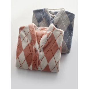 V领情侣家 法兰绒加厚保暖长袖 红豆日系菱格睡衣上装 男女士秋冬季