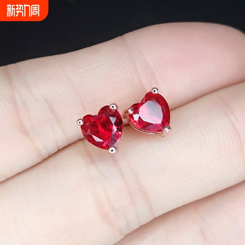 星恒热卖仿金刚玉爱心耳钉女小清新甜美红钻镀玫瑰金心形银饰品