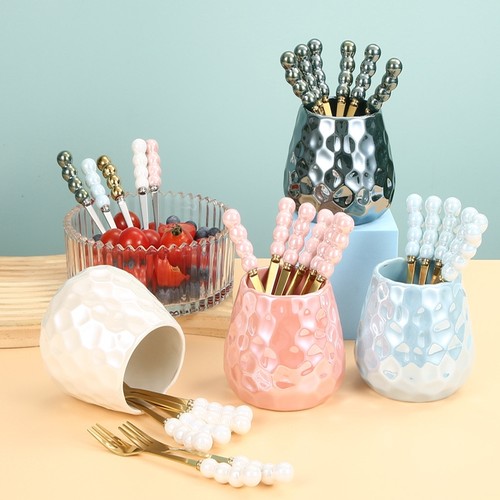 陶瓷珍珠304水果叉家用蛋糕点心