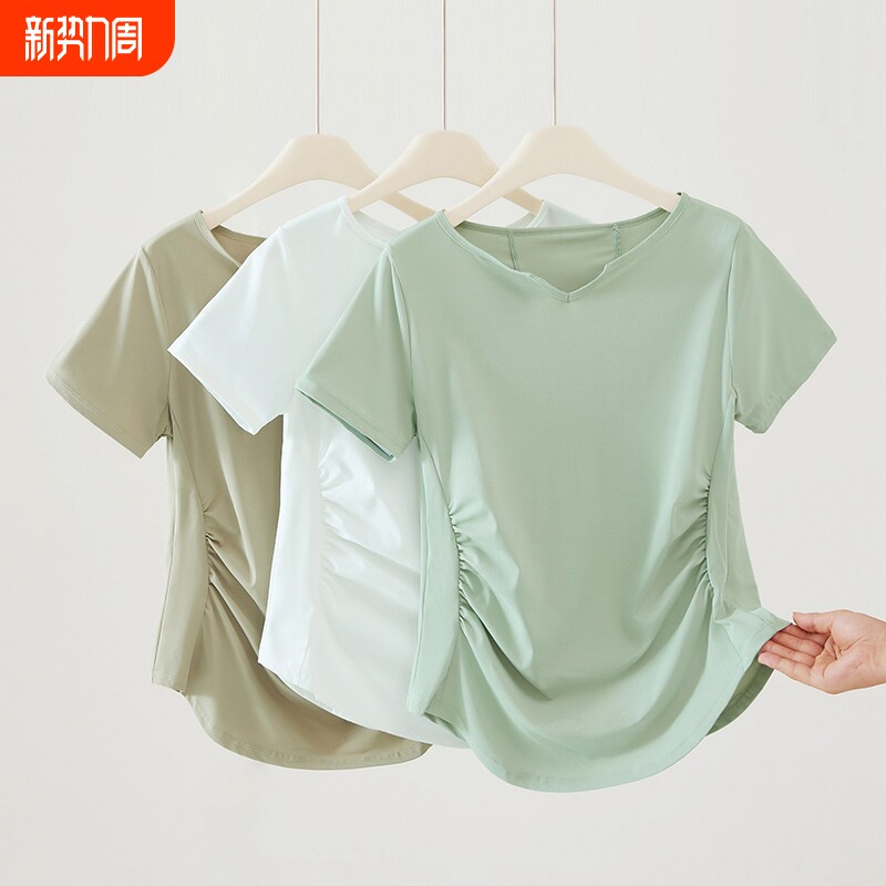 大码胖mm运动上衣女透气速干短袖宽松健身罩衫跑步瑜伽服t恤秋季