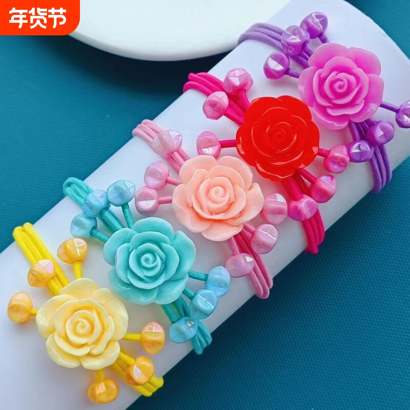 玫瑰彩色头绳小女孩不伤发弹力好女童发圈橡皮筋发饰花朵头饰发绳