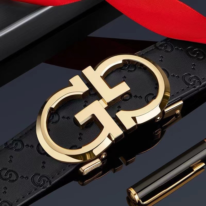 2025年爆款皮带男合金字母自动扣牛皮压花腰带休闲商务裤带现货