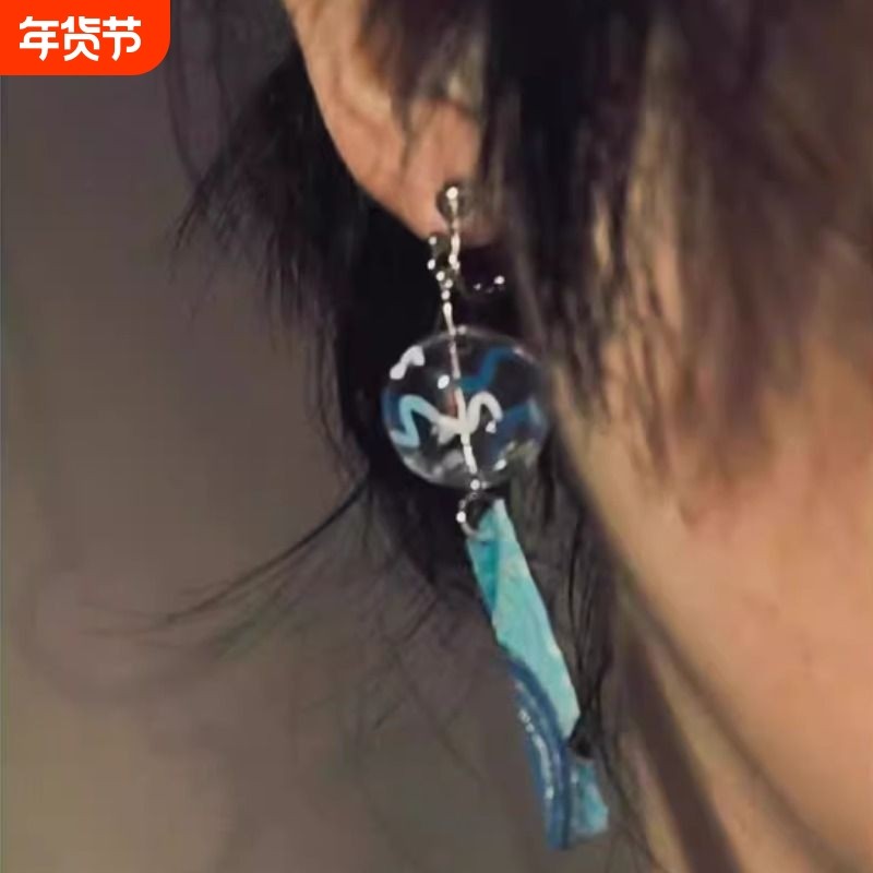 神奈川和风耳夹风铃神奈川海浪和风耳环玻璃球球耳环海浪纹耳夹