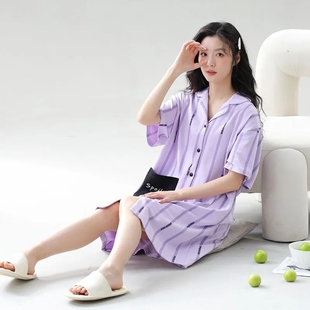 甜美风女士纯棉开衫家居裙夏季新款可外穿加大码带兜短袖中款睡裙