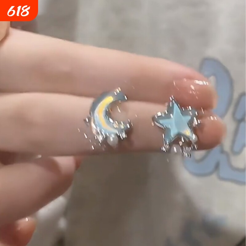 小巧精致珍珠星月耳钉森系百搭2024新款蓝色不对称耳饰蝴蝶锆石