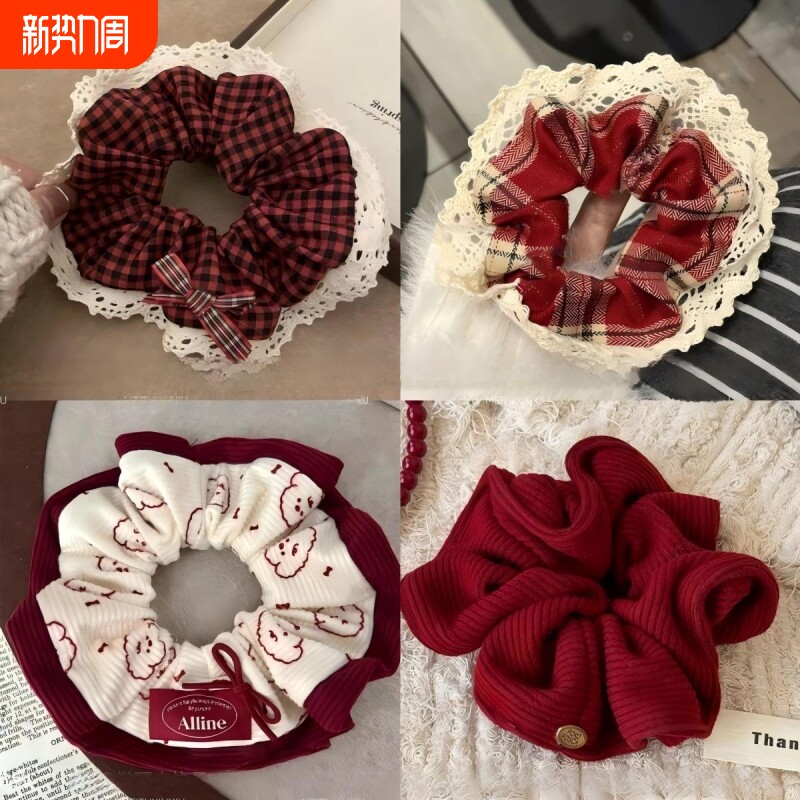 大肠红色发圈韩系新年发绳女生秋冬复古头绳头饰蕾丝新款蝴蝶结