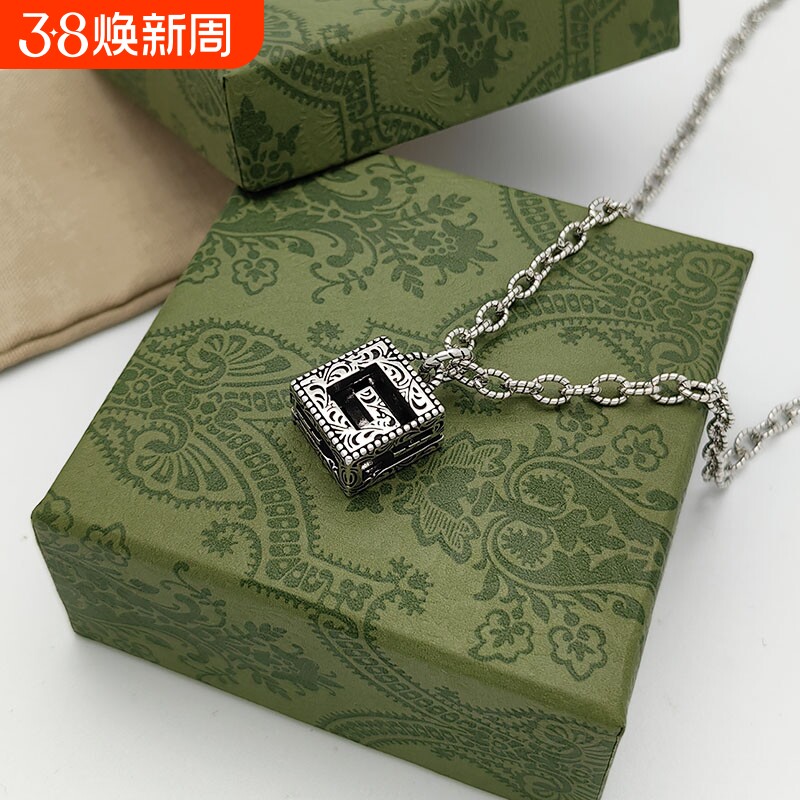 古家925银字母方形G项链雕花镂空吊坠做旧长款织纹链男女项链礼物