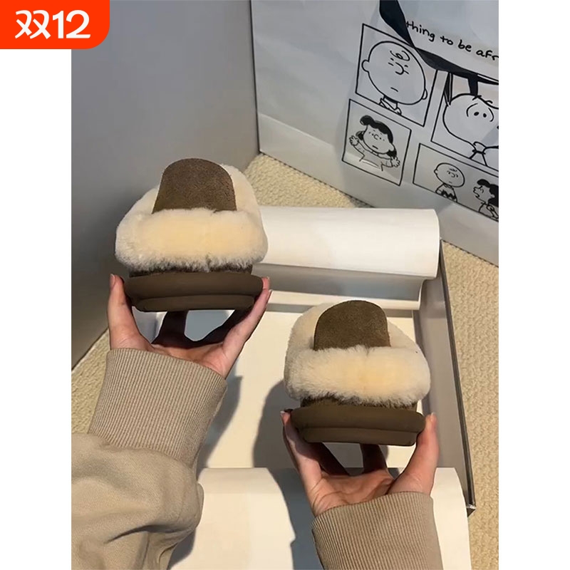 牛皮版~外穿真皮勃肯鞋女软底皮毛一体一脚蹬面包毛毛鞋毛绒平底