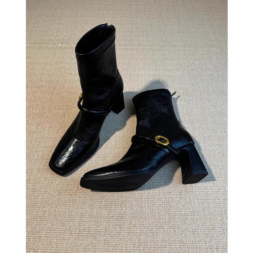 牛皮版~方头高跟瘦瘦靴女法式粗跟复古后拉链真皮短靴弹力时装靴