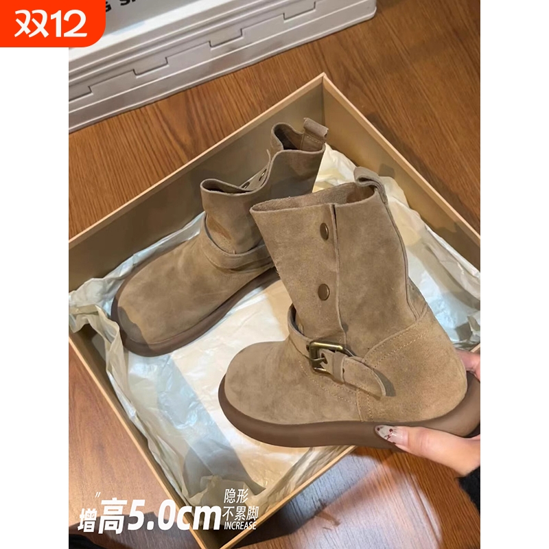 牛皮版~厚底内增高真皮短靴女2025秋冬新勃肯鞋美拉德两穿西部靴