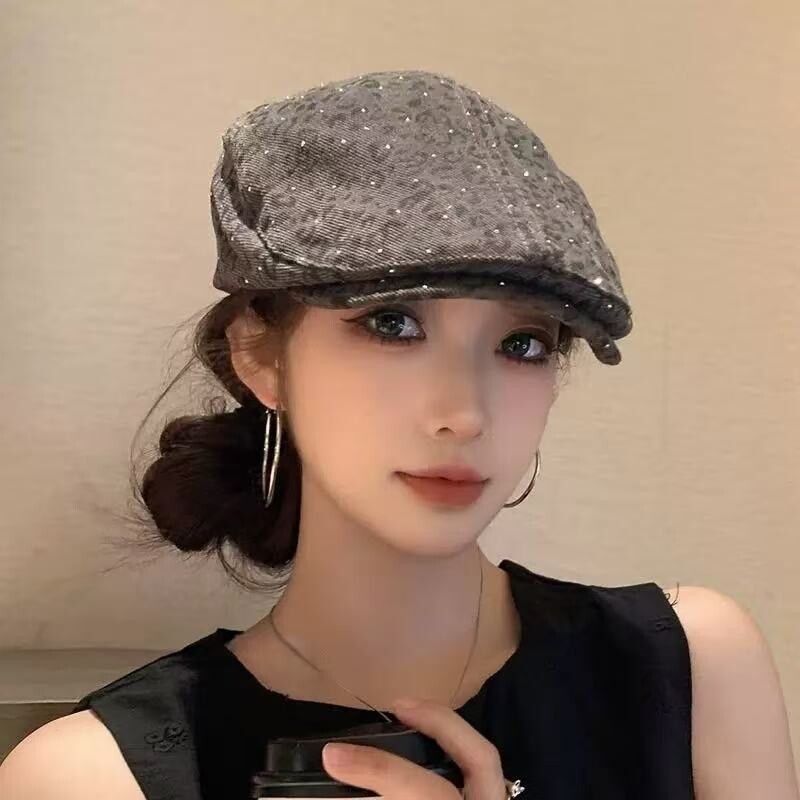 美式复古豹纹前进帽春夏季百搭显脸小贝雷帽反戴鸭舌帽子灰色白色