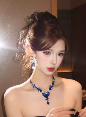 复古蓝色皓石项链耳环套装女轻奢夸张颈链名媛千金晚礼服新娘配饰