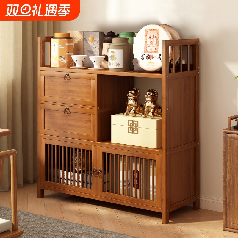 茶叶架茶具收纳储物柜新中式博古架置物架茶桌侧边柜楠竹多层茶室