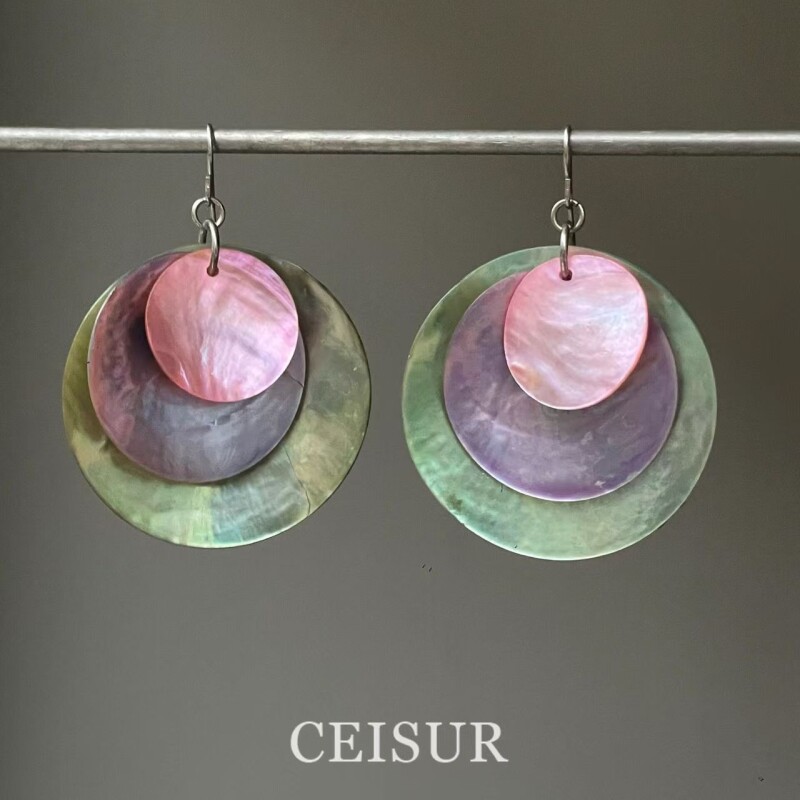 【紫霞绮梦】超独特渐变紫色圆片贝壳耳环夸张夏天海边拍照耳饰女