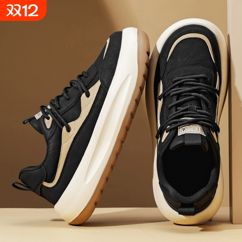 真皮阿甘男鞋秋季学生休闲运动防滑板鞋厚底大头宽脚黑色潮鞋