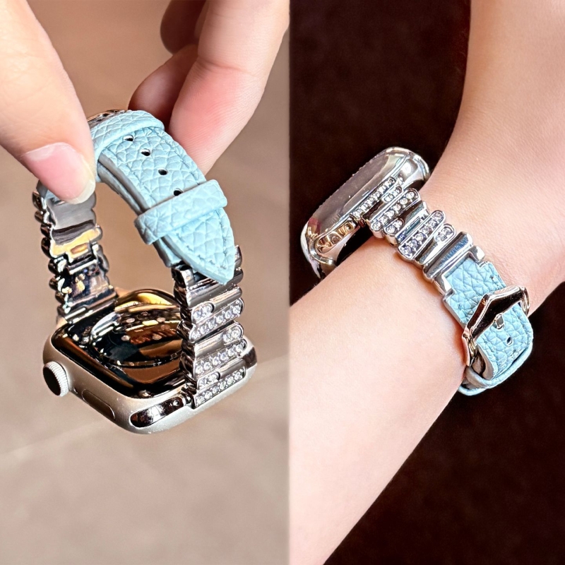 适用苹果S11表带不规则镶钻iWatch10拼皮秋冬9/8棕色男女创意腕带7/6/5/4配件智能运动ultra3/2/1蓝色