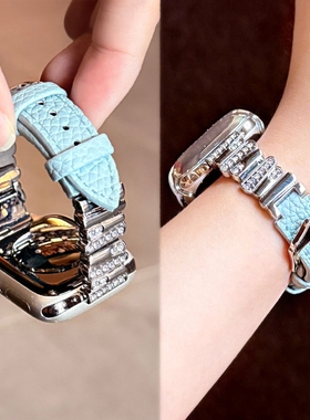 适用苹果S11表带不规则镶钻iWatch10拼皮秋冬9/8棕色男女创意腕带7/6/5/4配件智能运动ultra3/2/1蓝色黑色