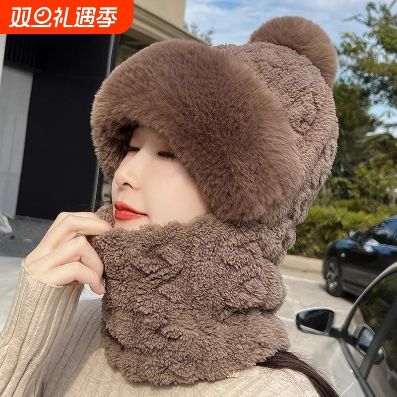 帽子女款冬季围脖一体电动车秋冬