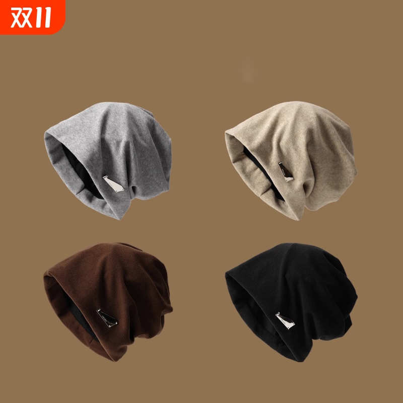 冷帽大头围堆堆帽女秋冬韩系显脸小包头防风薄款保暖针织帽子加绒
