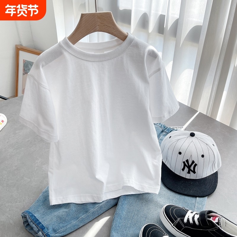 儿童短袖t恤纯棉2024新款纯白色上衣中大童夏季半袖男童女童夏装