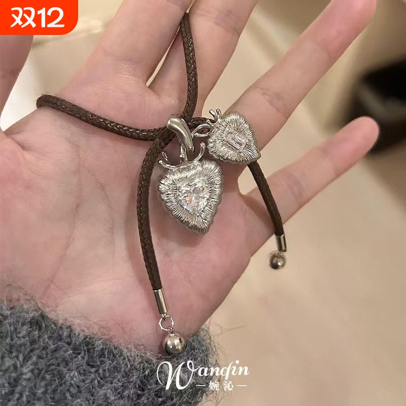 「寂光星轨」冷淡风银色超闪双爱心项链韩系复古设计感时尚毛衣链