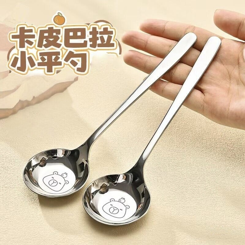 不锈钢圆头大汤勺食品级勺子卡通饭勺调羹平底深汤匙小勺子