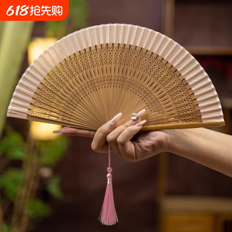 新中式扇子折扇古风小巧便携折叠扇汉服旗袍专用跳舞扇女流苏手工