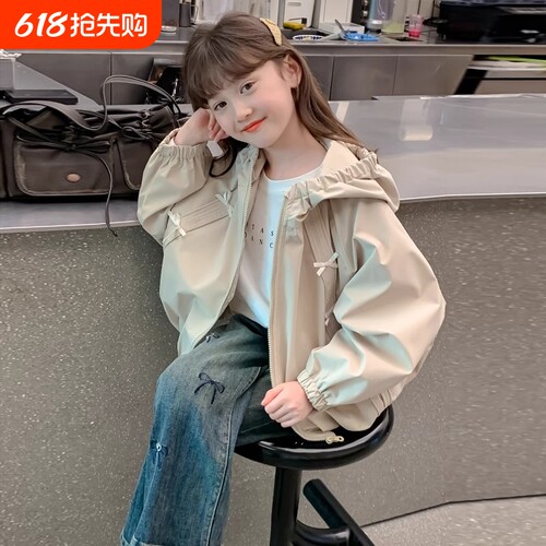 女童秋装外套2025新款儿童洋气女孩春秋季连帽蝴蝶结韩范夹克上衣
