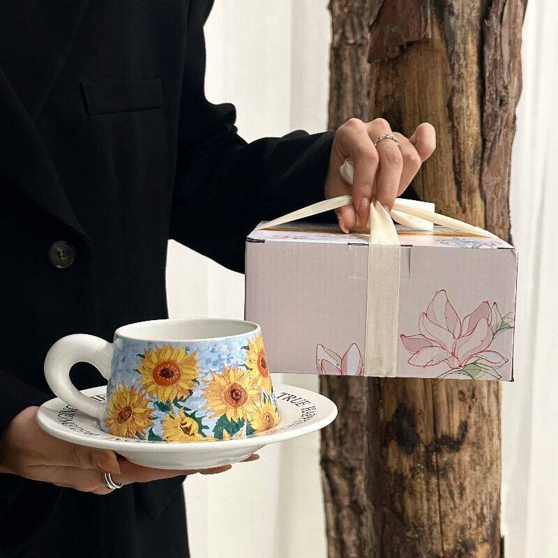 复古小众向日葵咖啡杯碟套装下午茶拿铁陶瓷马克杯伴手礼生日礼物