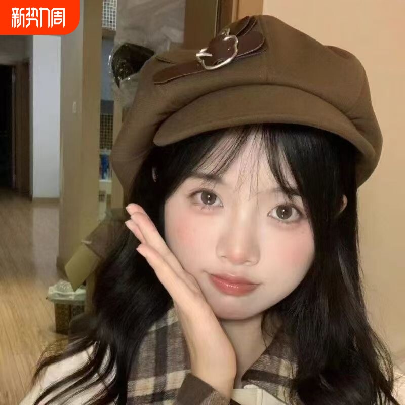 复古百搭云朵贝雷帽日系秋冬纽扣元素报童帽女生显脸小大头围帽子