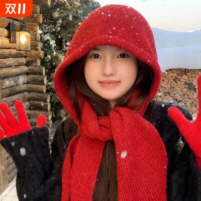 帽子围巾一体红色巴拉克拉法帽女秋冬季保暖毛线连帽围脖针织帽冬