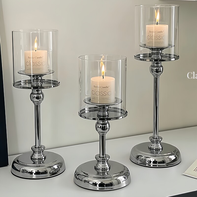 复古玻璃烛台香薰蜡烛装饰摆件烛光餐桌道具浪漫布置轻奢风不锈钢