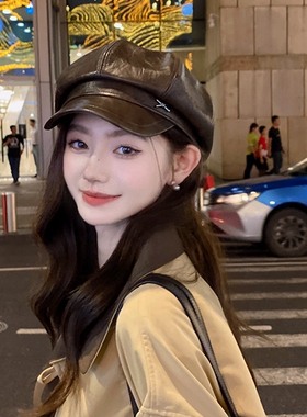 PU皮质八角帽大头围帽子女2025新款秋冬季复古显脸小画家贝雷帽子