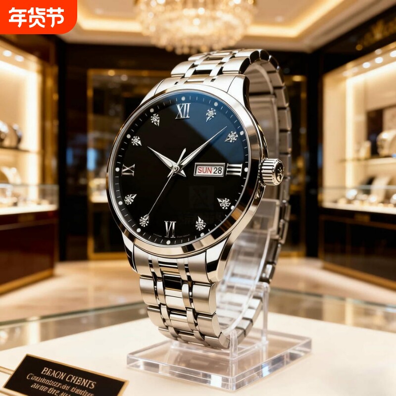正品瑞士2024新款手表男士全自动机械风防水精钢带双日历男表夜光