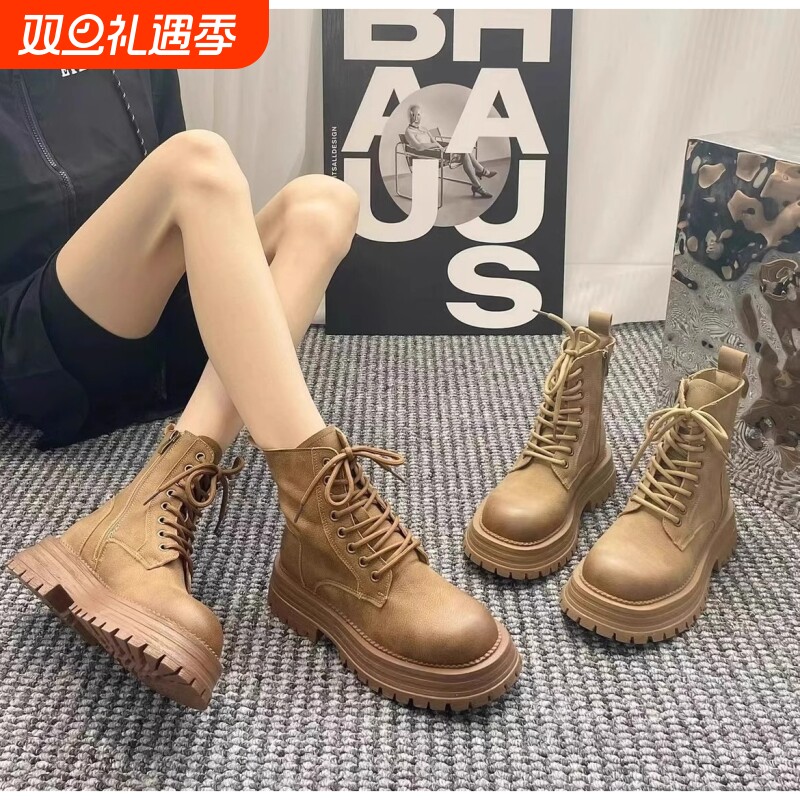 他她女孩厚底马丁靴女夏2025新款冬复古小个子增高短靴棕色机车靴