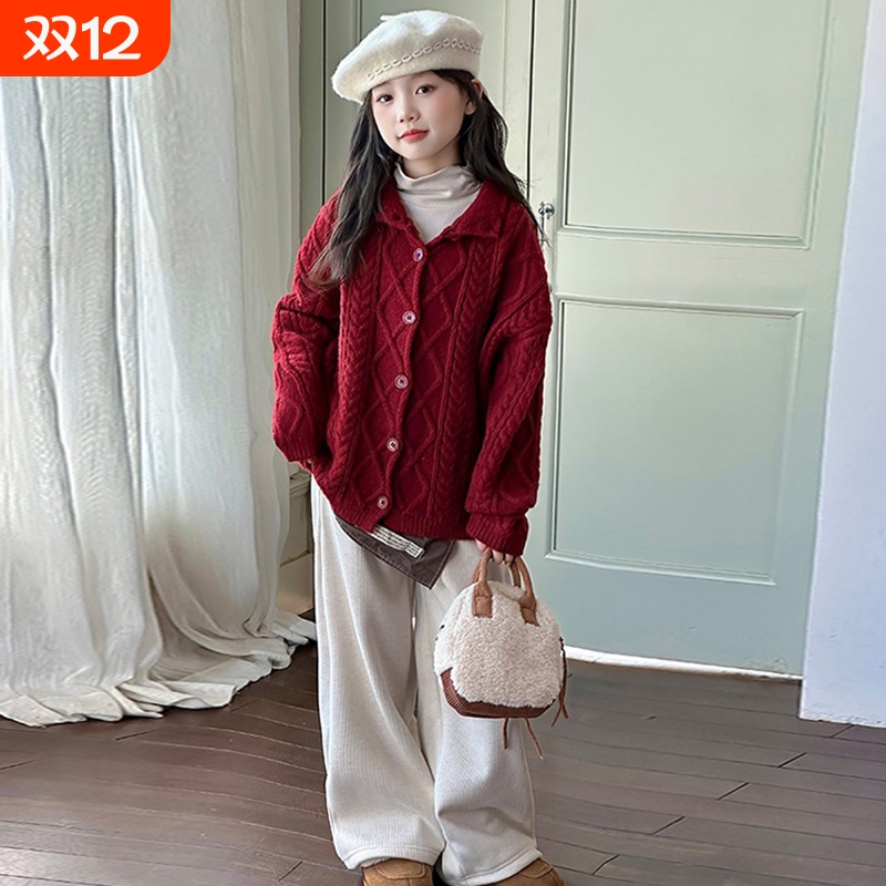 女童秋冬季红色针织开衫毛衣外套