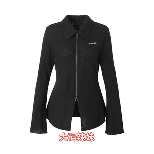 T恤大码 长袖 纯欲设计感小众拉链辣妹上衣女Polo领显瘦开衫 春秋季