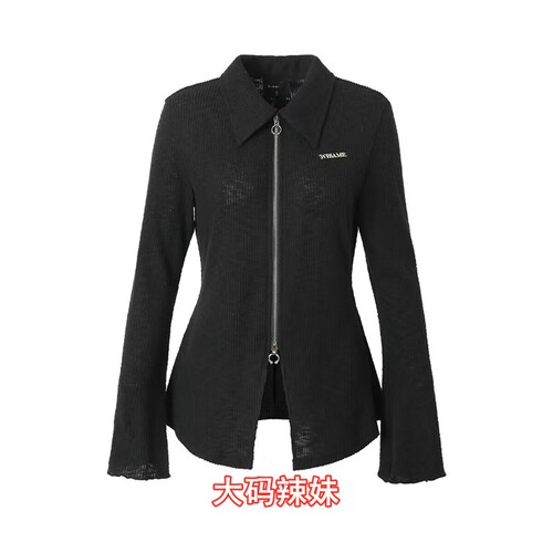 春秋季纯欲设计感小众拉链辣妹上衣女Polo领显瘦开衫长袖T恤大码